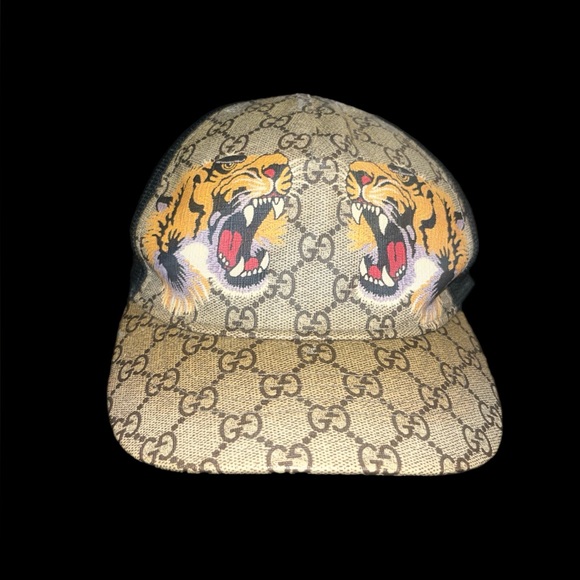 Gucci GG Monogram Tiger Print Beige/Black Snap Back Hat